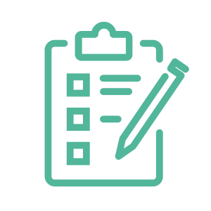 green icon of a clipboard checklist with a pencil in front of it