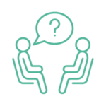 Green icon of two people sitting facing each other. One has a speech bubble with a question mark.